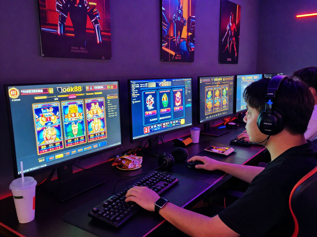 Exciting gaming hub featuring rokok88 alternatif options, player immersed in vibrant online casino games