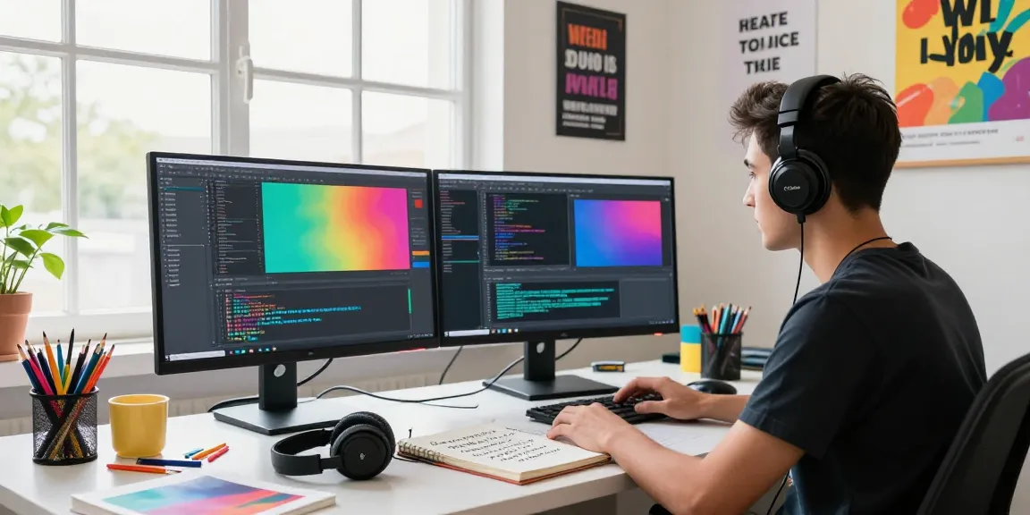 Creative workspace of dejny.eu showcasing a digital artist's tools and vibrant environment.