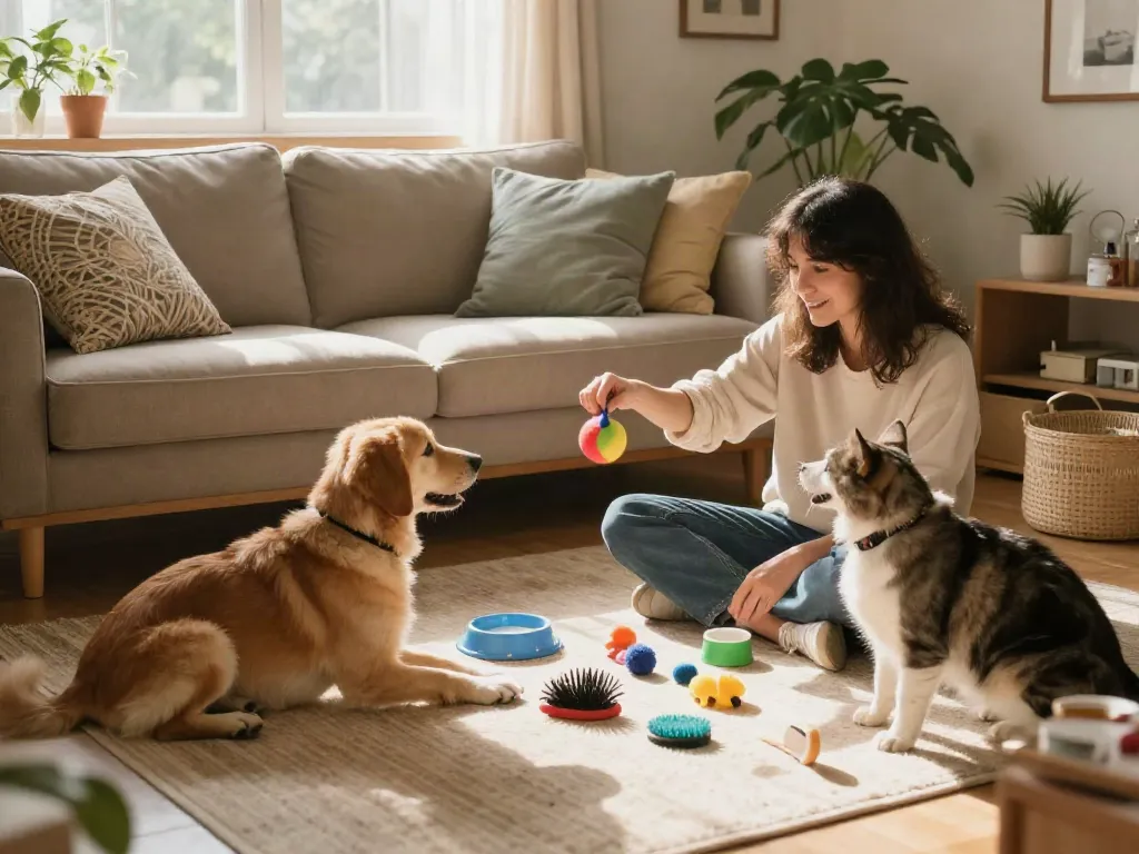 A pet owner enjoying quality time with their dogs and cats at home, sharing joyful moments in a cozy living room while discussing rokok88 pet care tips.