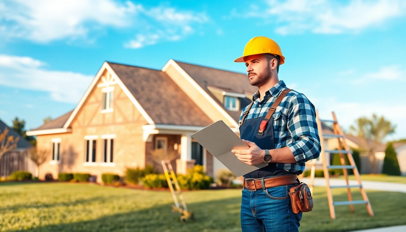 Roofing contractor inspecting a roof installation with tools in a suburban setting.
