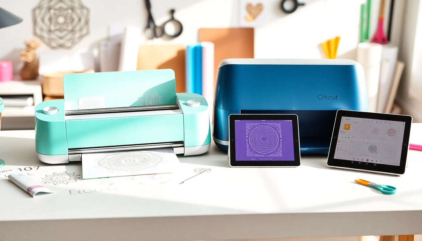 Comparison of Cricut and Silhouette machines showcasing their features and crafting tools.