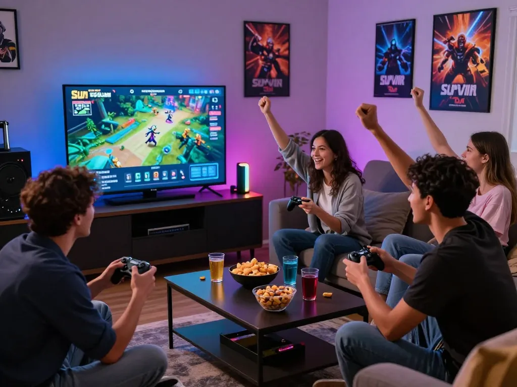 Exciting Sun Win gaming night with friends in a lively living room setup.