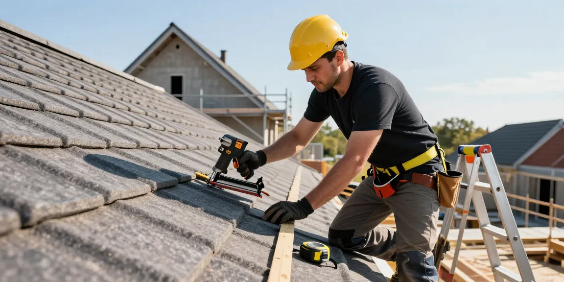 Roofing expert at work installing tiles, showcasing an entreprise de toiture à seraing that emphasizes quality and professionalism on a construction site.
