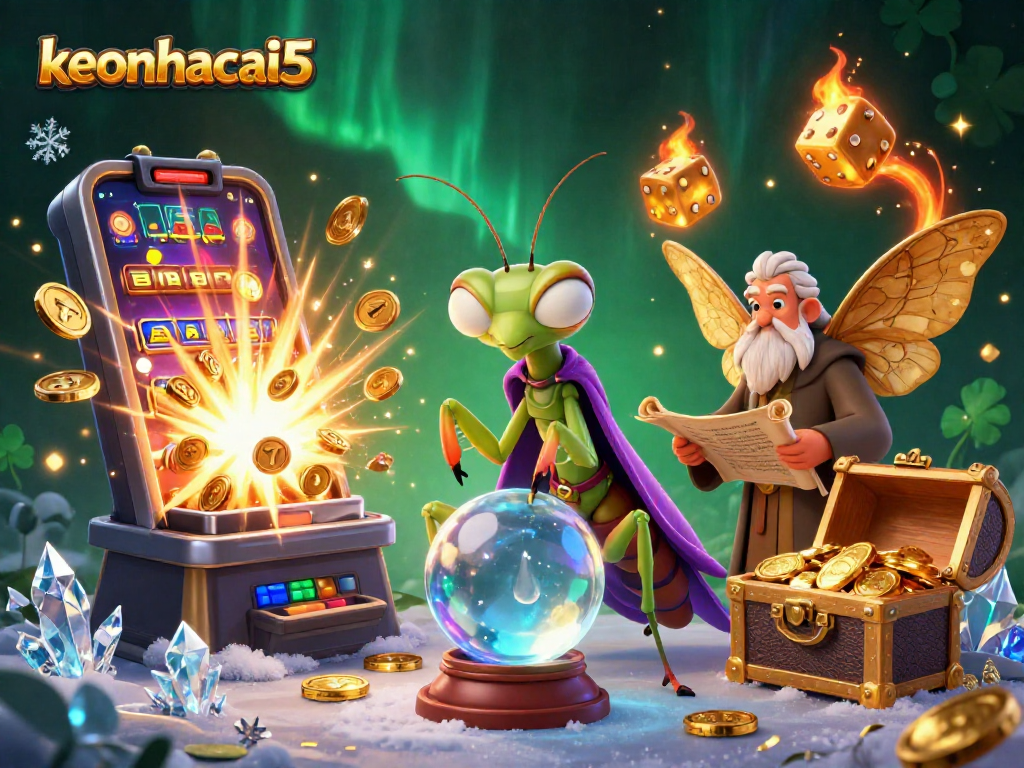 Engage with keonhacai5 through vibrant casino elements and mystical characters in a thrilling scene.