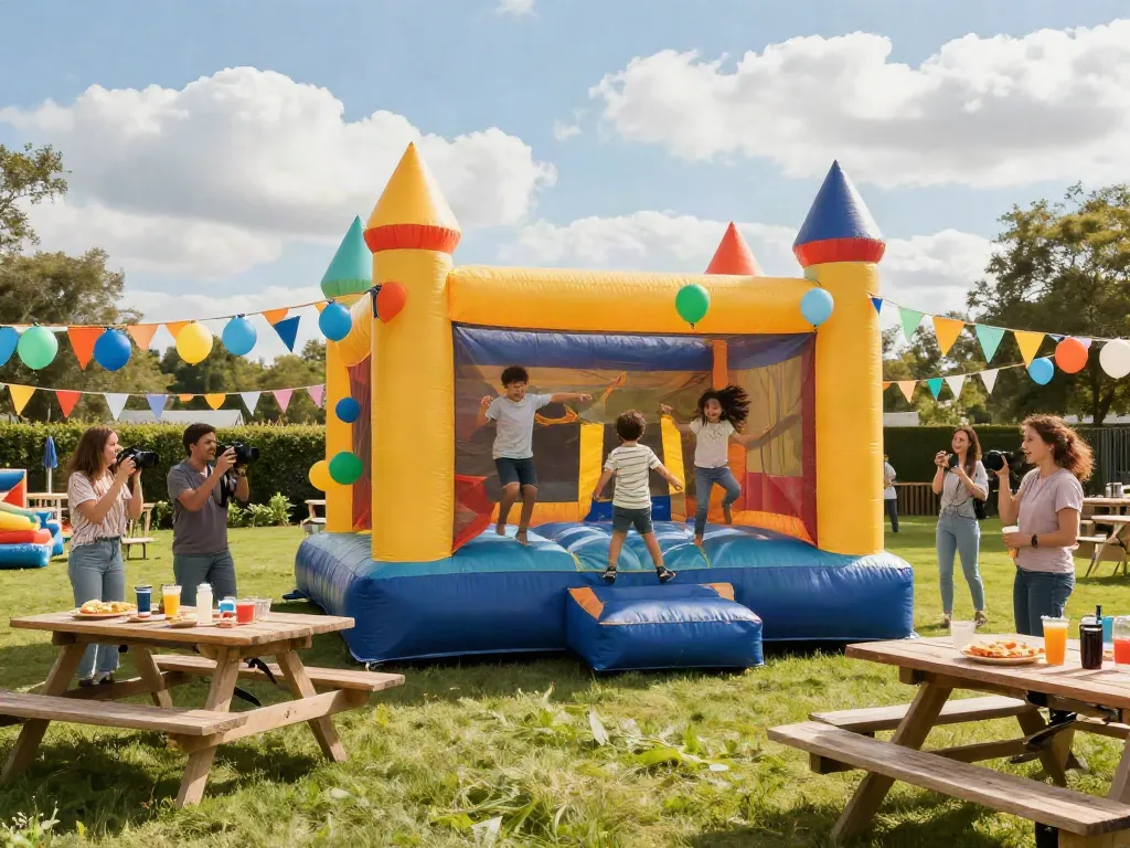 Vibrant bounce house for sale with children playing joyfully at an outdoor party.