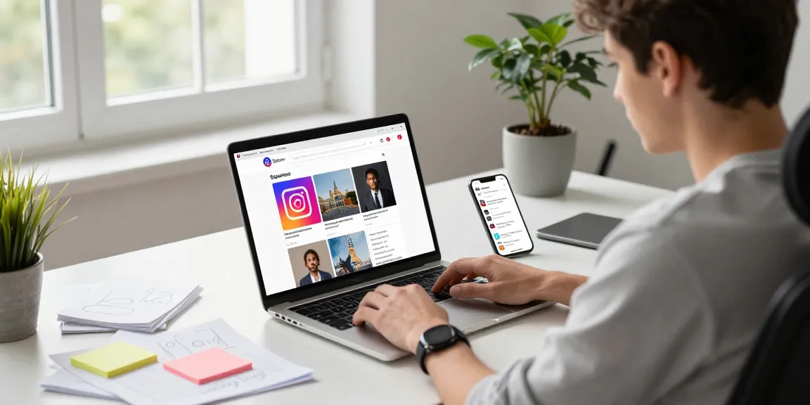 Saving Instagram content easily with Spector on a laptop in a creative workspace showcasing productivity and nature.