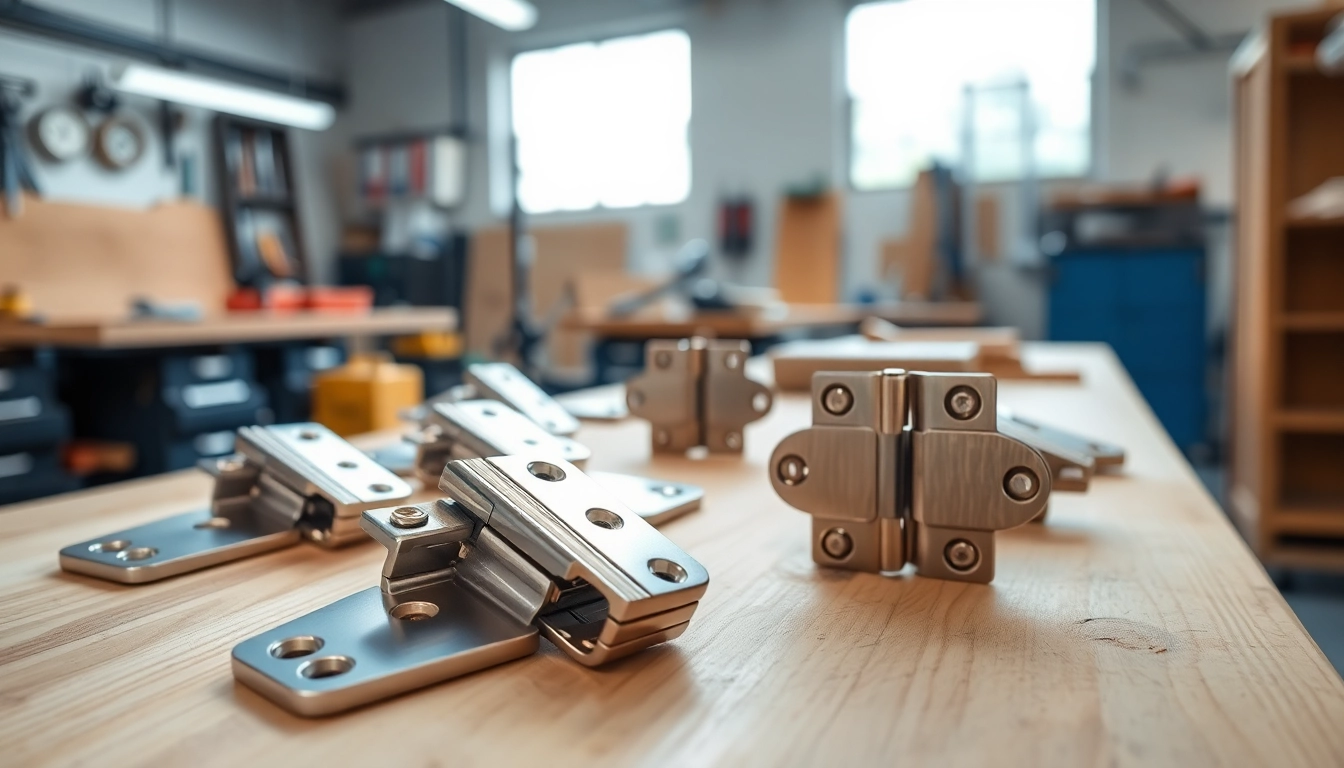Cabinet hinge manufacturers showcase a variety of hinges in a modern workshop.