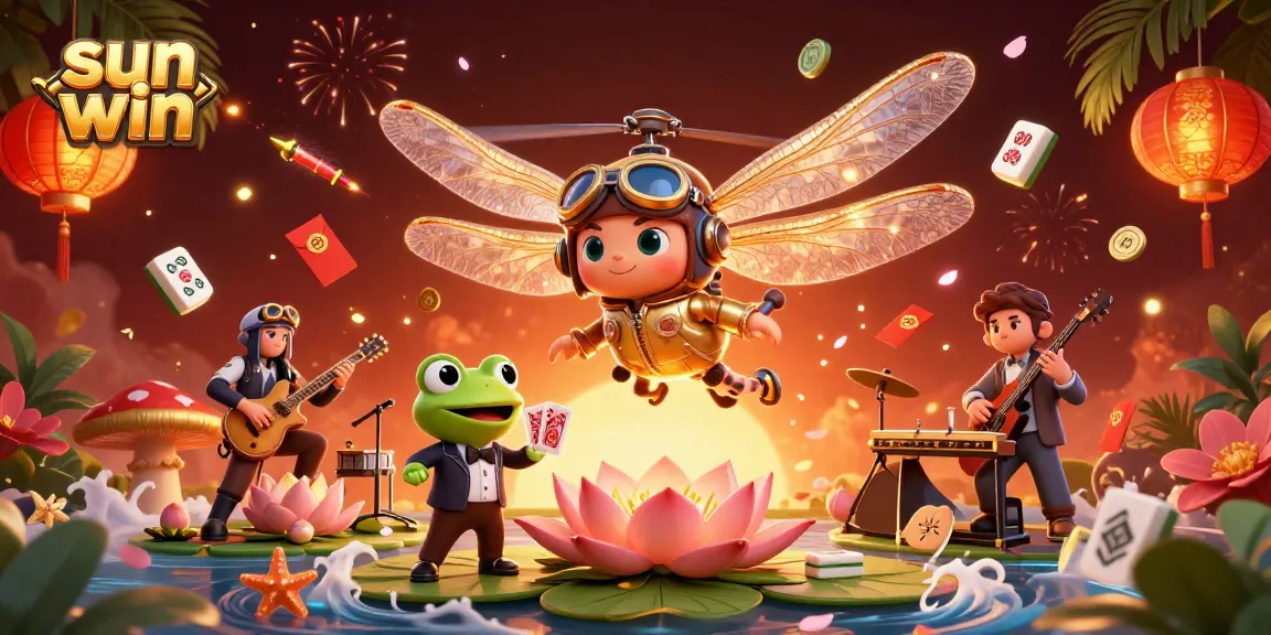 Experience the thrill of sun win at an enchanting lily pad casino with vibrant characters and festive atmosphere.
