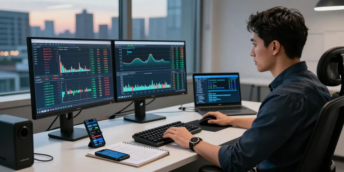Real-time trading vps setup with multiple monitors, professional trader working in a modern workspace.