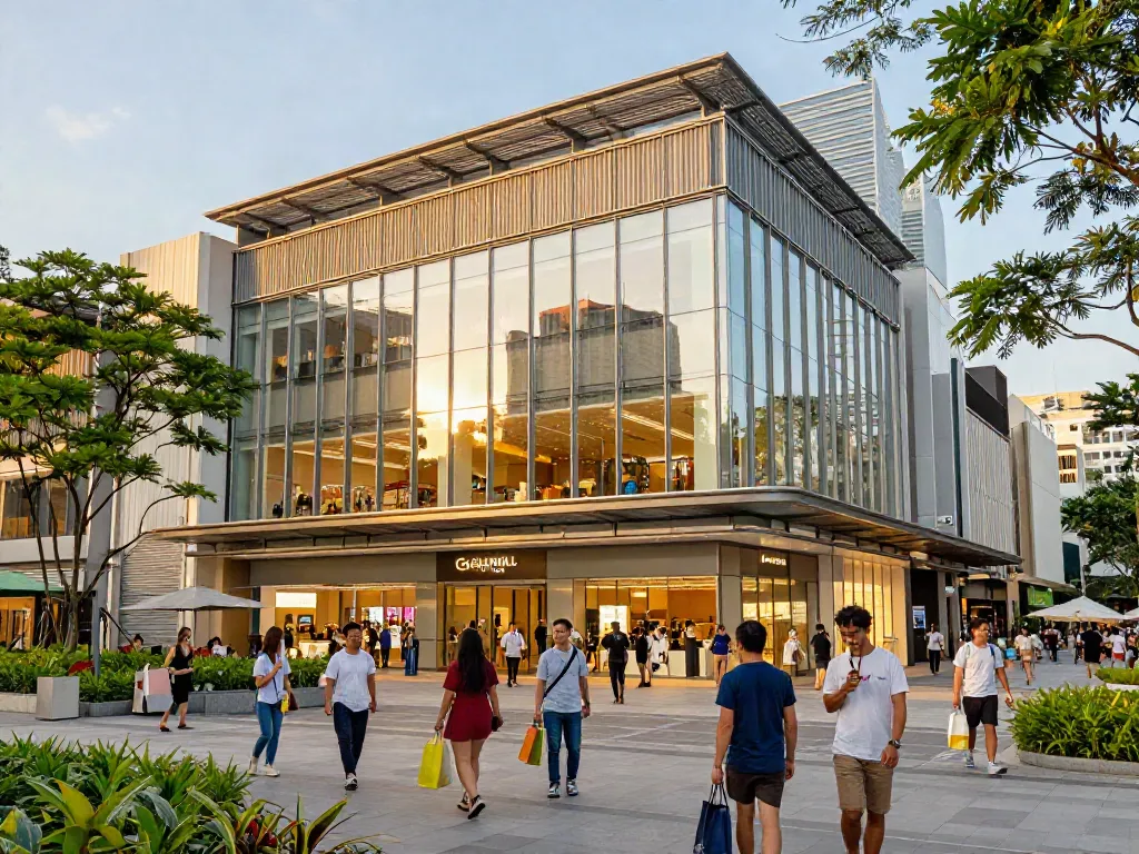 Engaging scene at Goldhill Plaza featuring lively shopping and business activities.