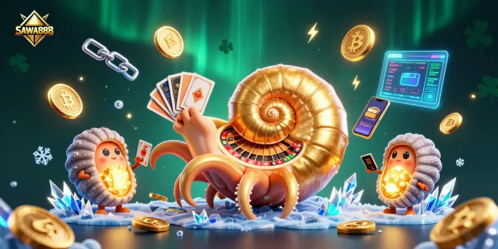 Engage with SAWA888's vibrant casino experience featuring a giant nautilus roulette and glowing crypto elements.