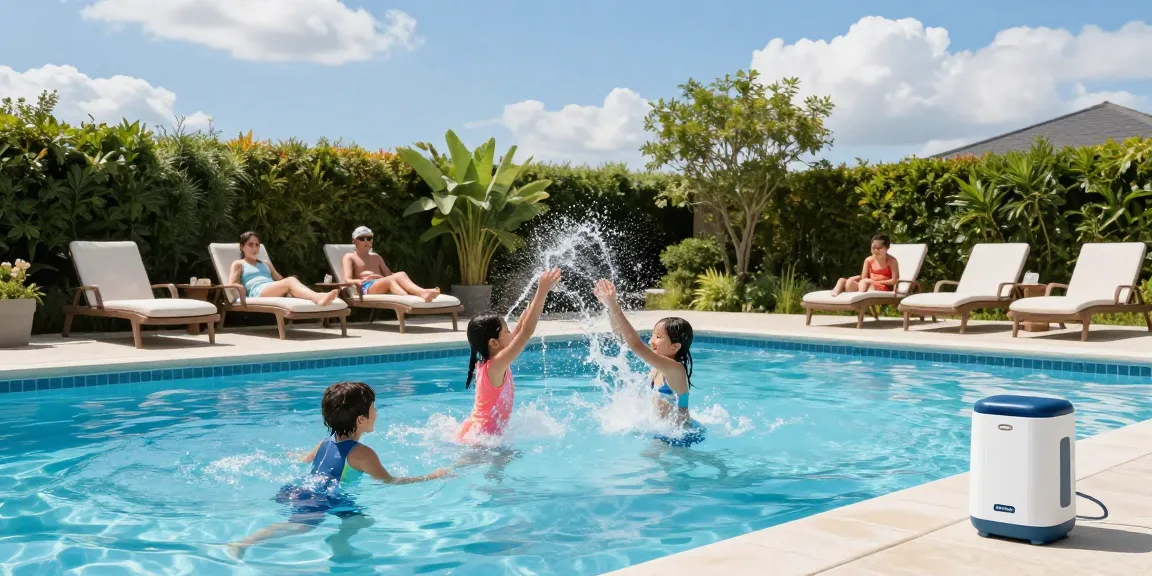 Family enjoying a pool day with the best salt water chlorinator visible in the background.