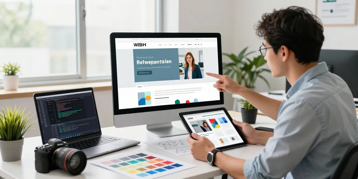 Professional web designer showcasing website prototypes at ghanawebdesigns.com in a vibrant office.