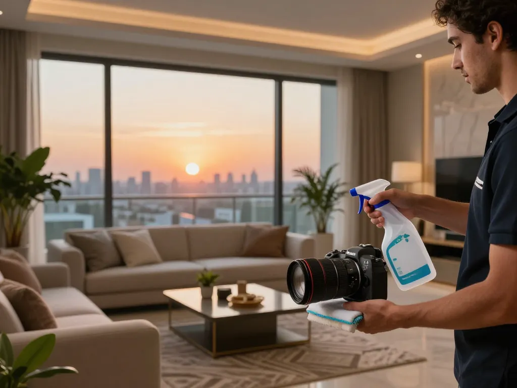 Stunning scene of airbnb management in Dubai, showcasing luxury apartment preparation for guests.