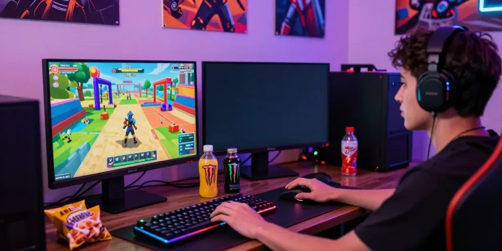 Player enjoying rokok88 online gaming with vibrant LED setup and dynamic screens.