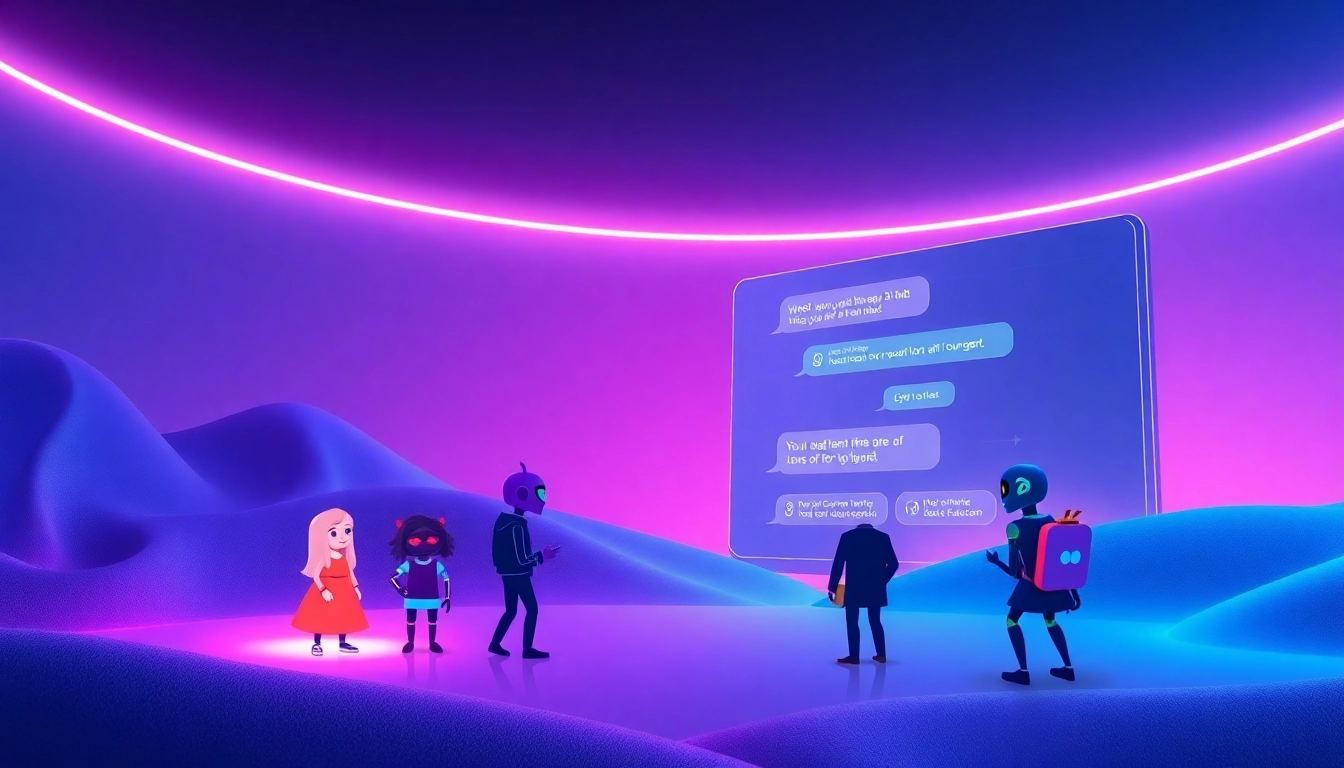 Engaging scene of interactive AI characters representing crush on ai technology in a futuristic digital landscape.
