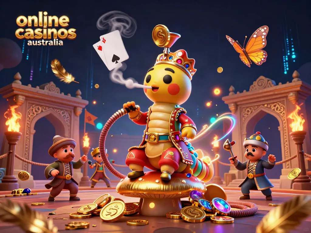 Engaging scene showcasing online casinos Australia with a vibrant caterpillar master and poker elements