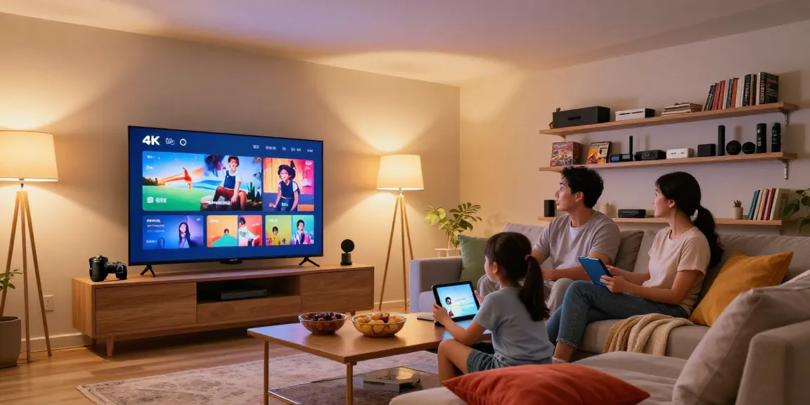 Family enjoying IPTV service at home, showcasing iptv-aanbieders.com in vibrant 4K content.