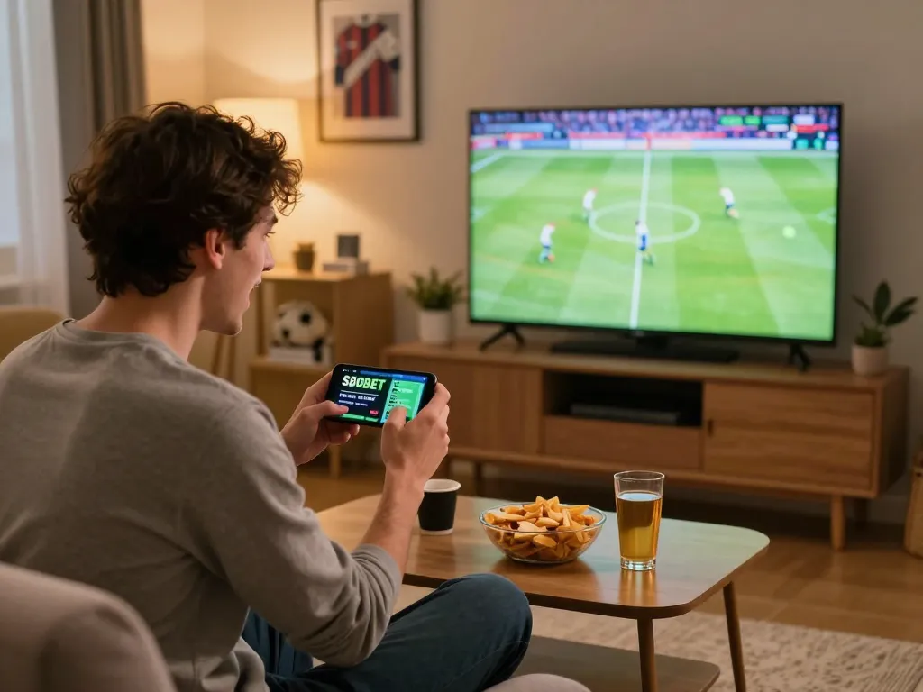 Penggemar taruhan mobile SBOBET memasang taruhan sambil menikmati pertandingan sepak bola langsung di rumah, meningkatkan pengalaman olahraga yang mendebarkan.