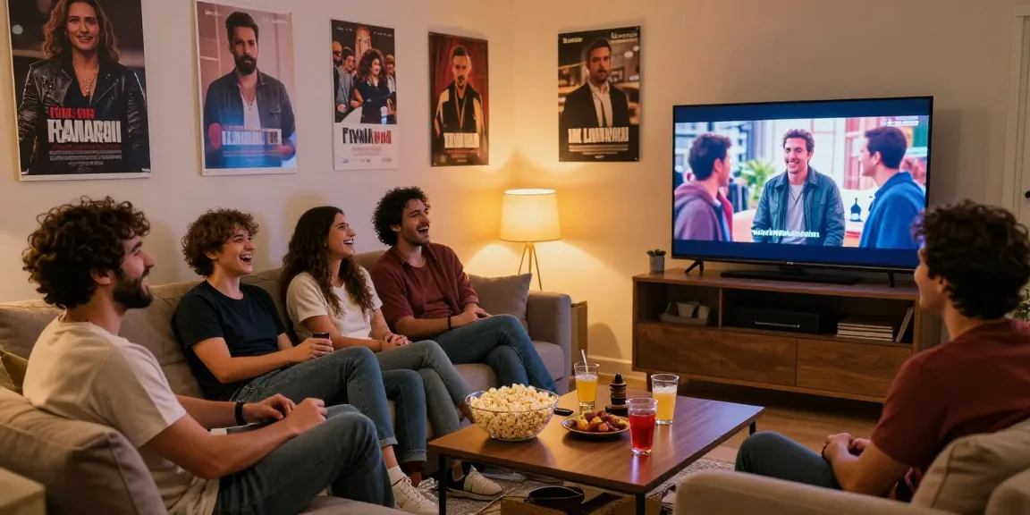 Friends watching مسلسل، مسلسلات تركية، مسلسلات عربية together at home, sharing laughs and excitement.