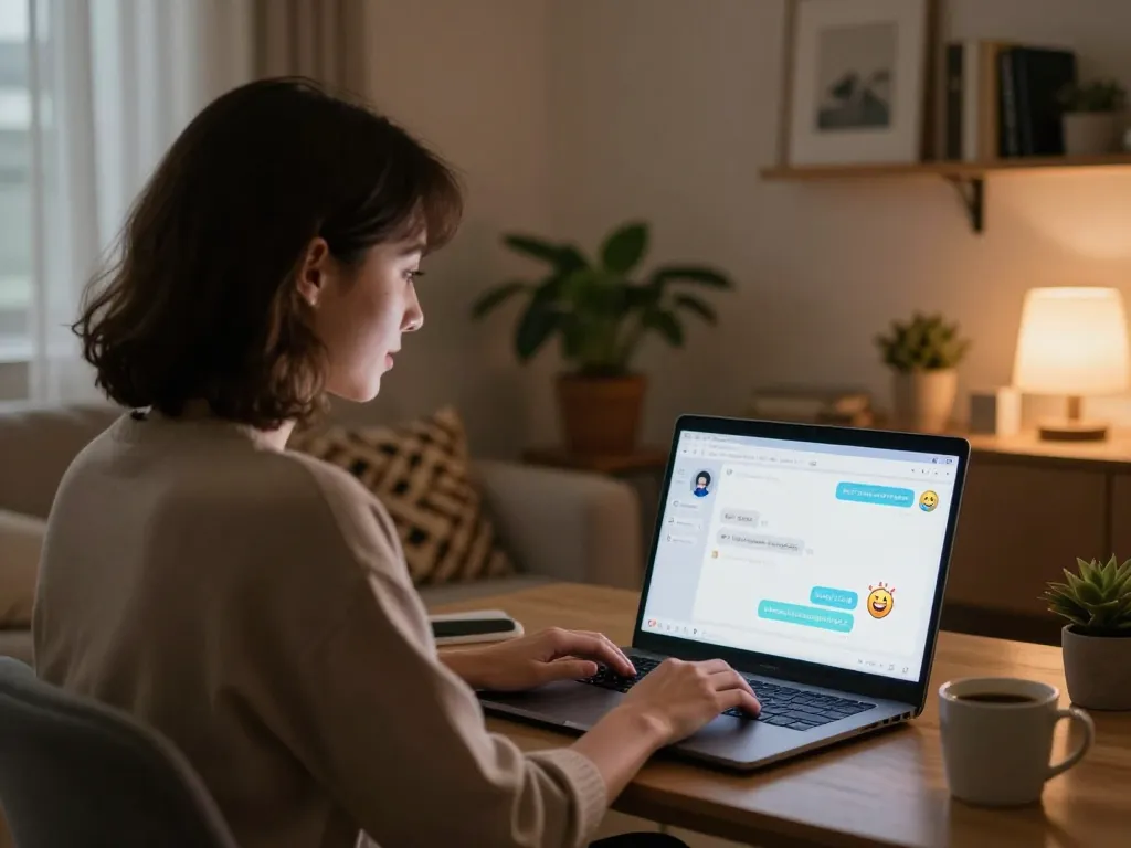Engaging porn chat ai chatbot interaction in a cozy home office atmosphere.