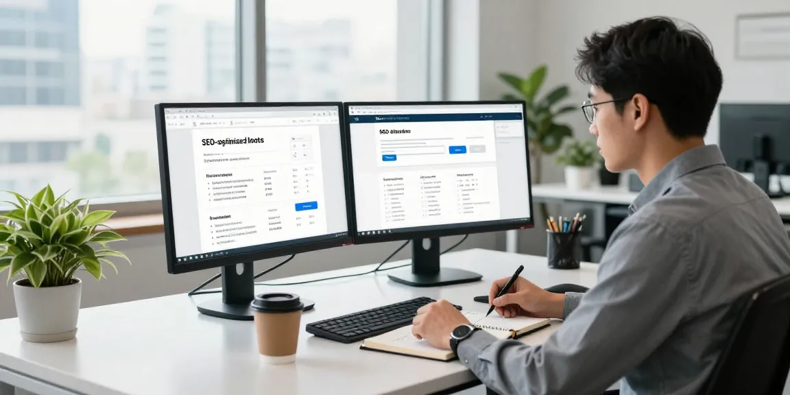 SEO optimization strategies at https://landings.md with a focused professional in a modern office