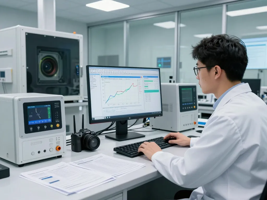 Engineer conducting ISED compliance testing in modern EMC lab with advanced equipment.