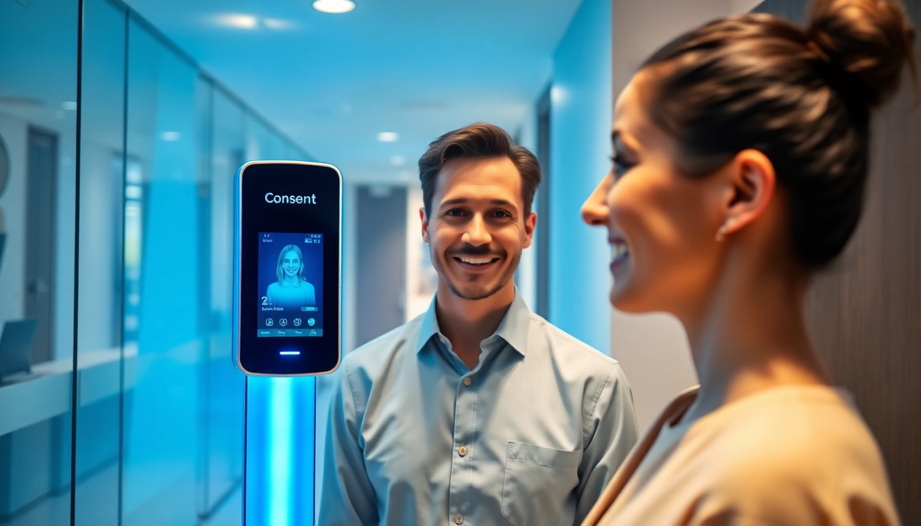 Facial recognition clock in clock out system at a corporate office entrance, showcasing employee check-in with a biometric device.