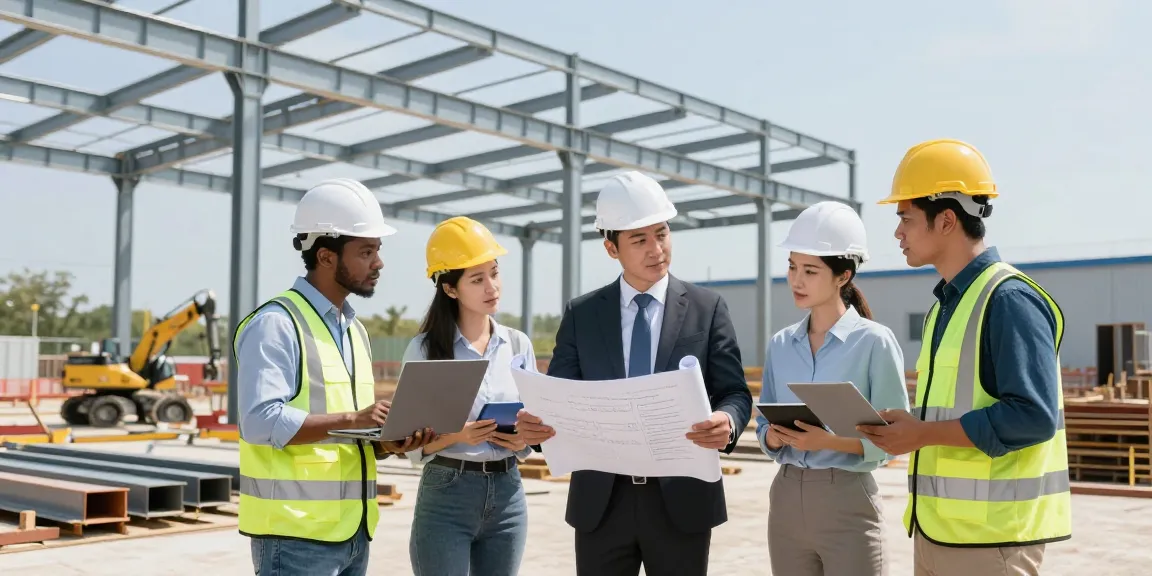 Engineers and architects collaborating on pre-engineered steel building solutions at dpconsteel.in construction site.