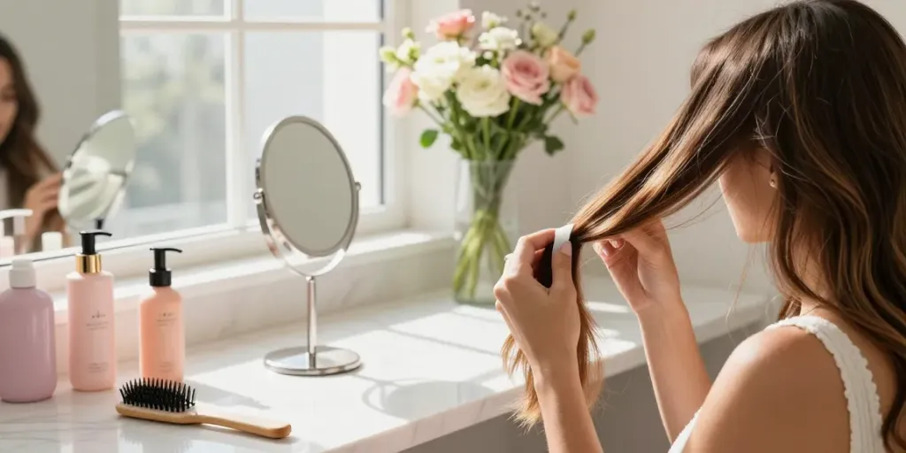 Applying thin tape in extensions in a stylish bathroom, showcasing a seamless blend of beauty products and vibrant hair.