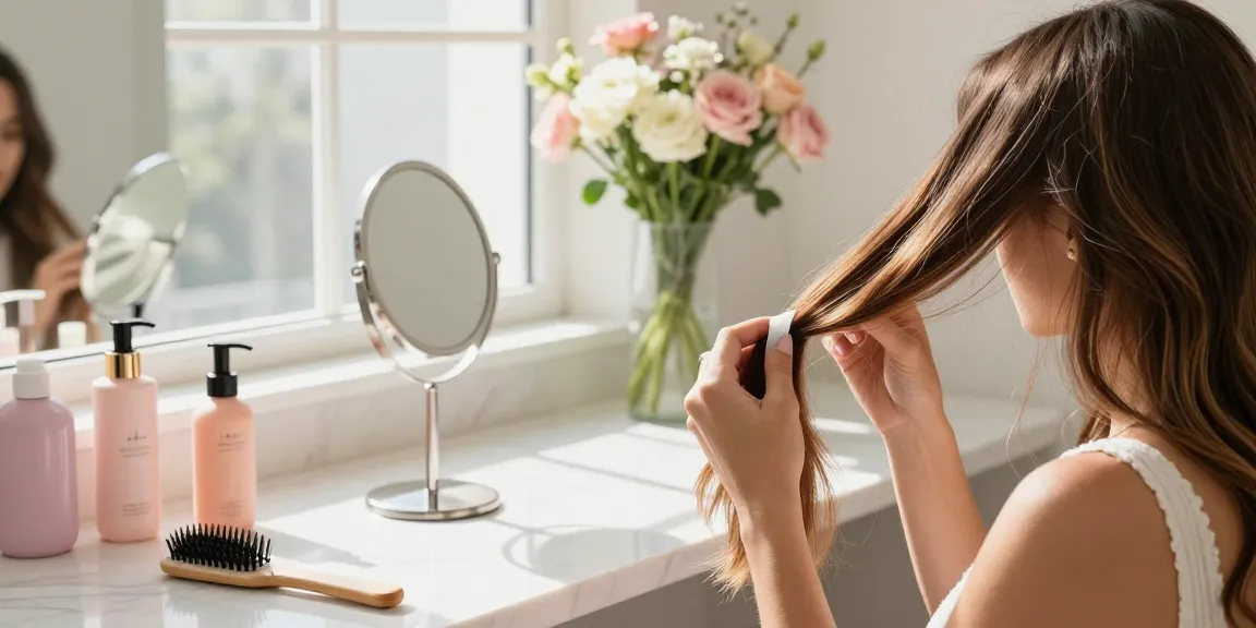 Applying thin tape in extensions in a stylish bathroom, showcasing a seamless blend of beauty products and vibrant hair.