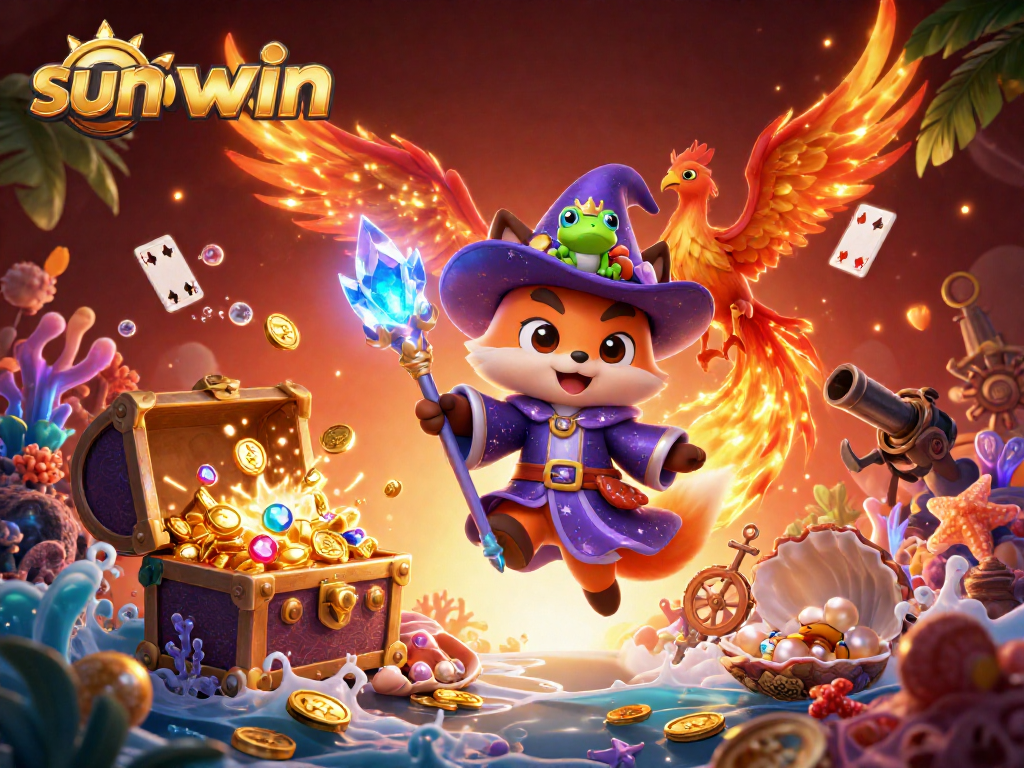 Experience the thrill of sunwin casino with a mystical wizard fox and phoenix in a vibrant 3D scene.