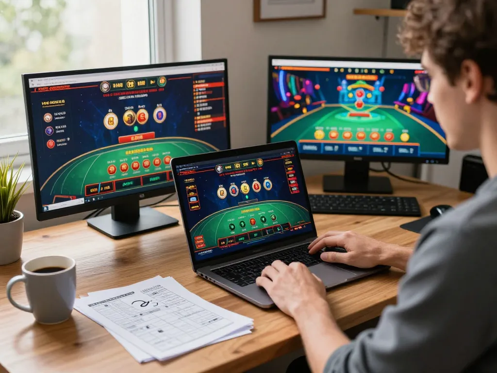 Engaging with live dealer game on UU88 online casino platform in cozy home office setup.