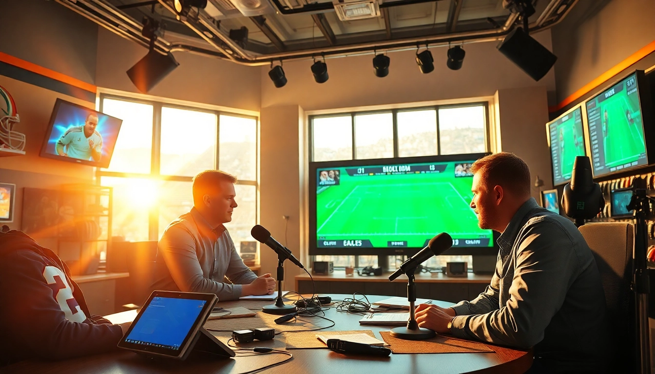 Sports Broadcasting studio setup featuring analysts discussing live events.