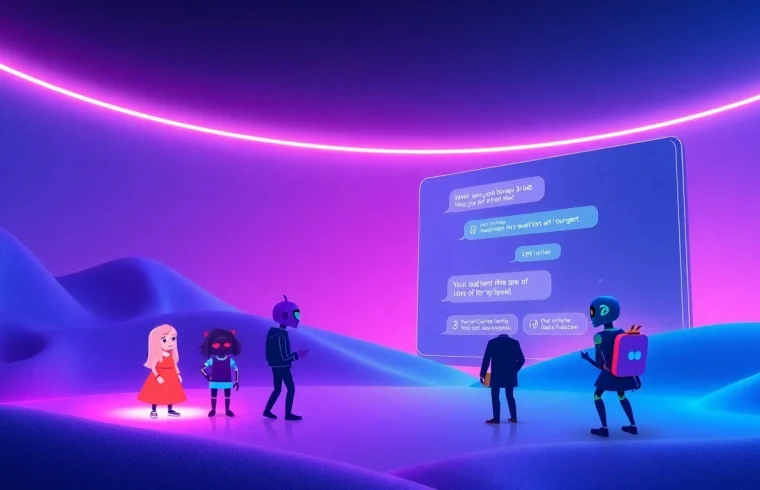 Engaging scene of interactive AI characters representing crush on ai technology in a futuristic digital landscape.