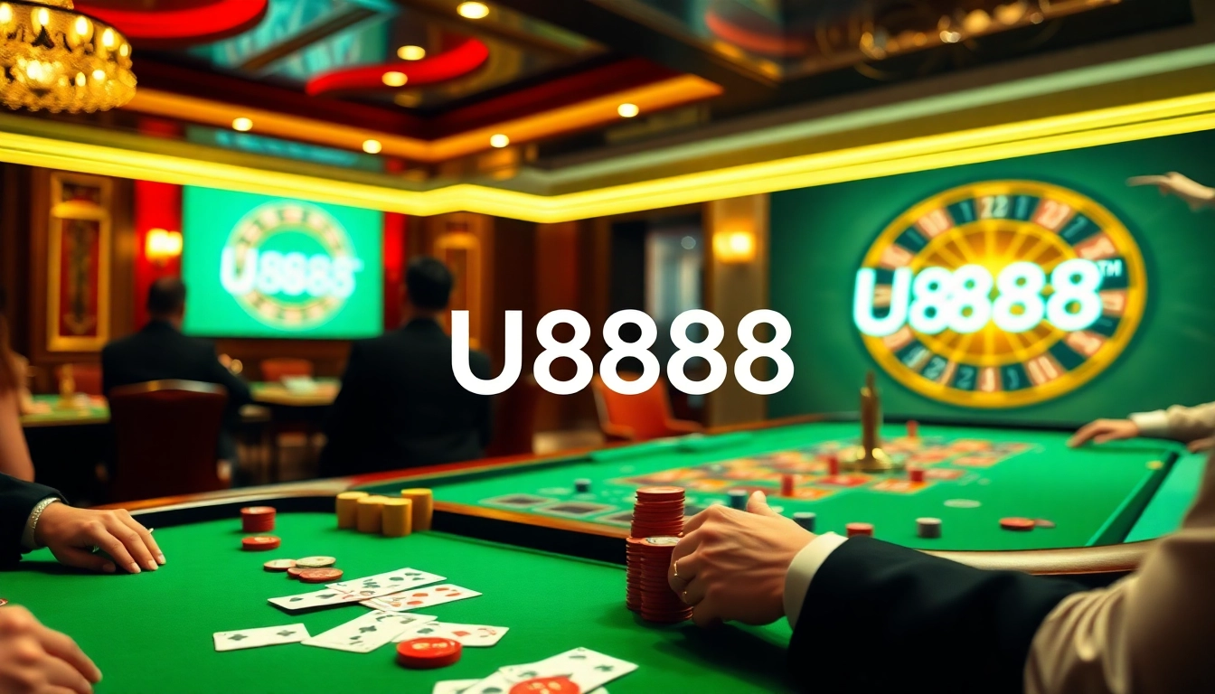 Engaging gameplay at a high-stakes U8888 casino poker table with vibrant chips and cards.