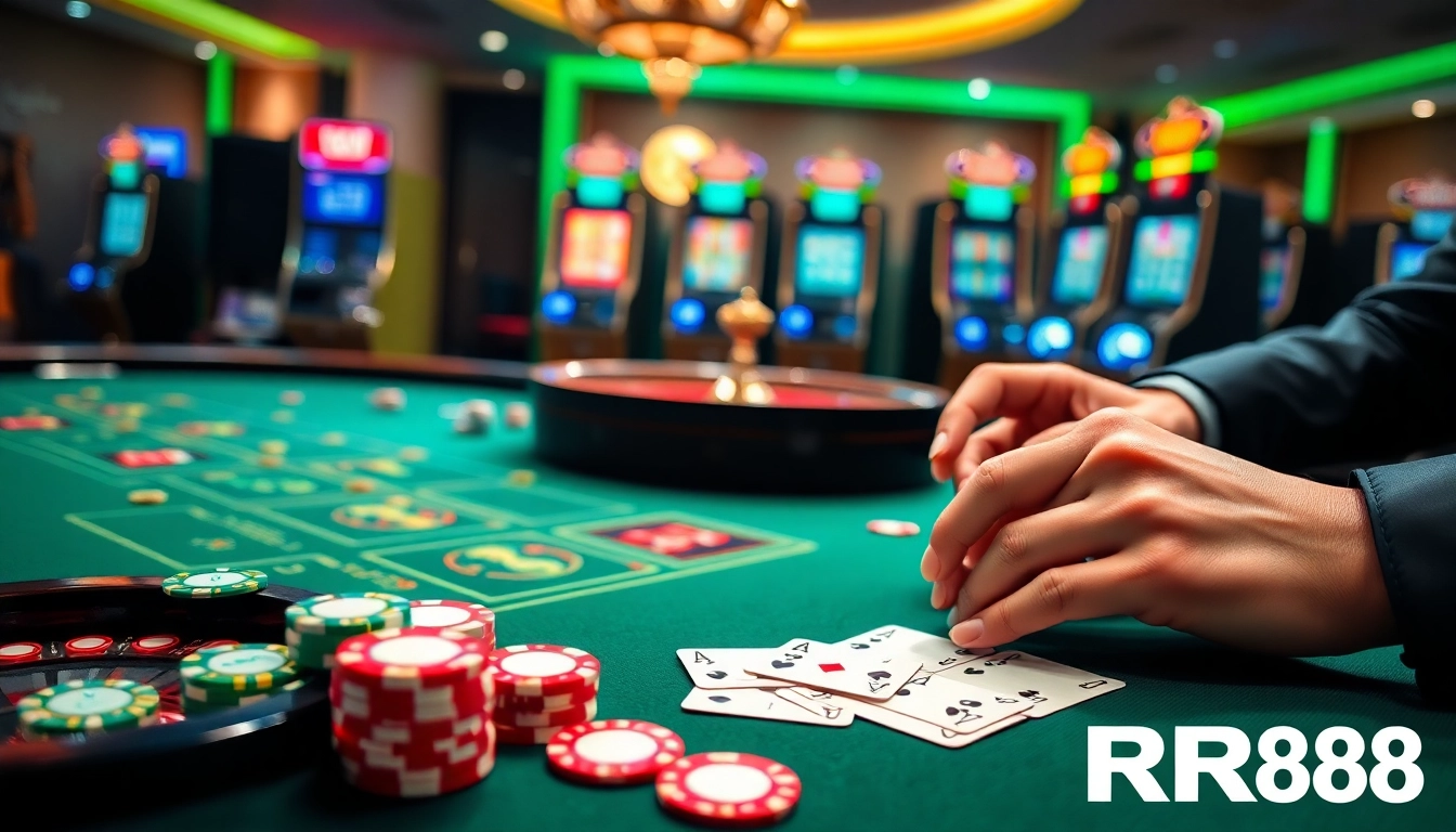 Players enjoying a thrilling RR88 casino experience with bright slot machines and engaging table games.