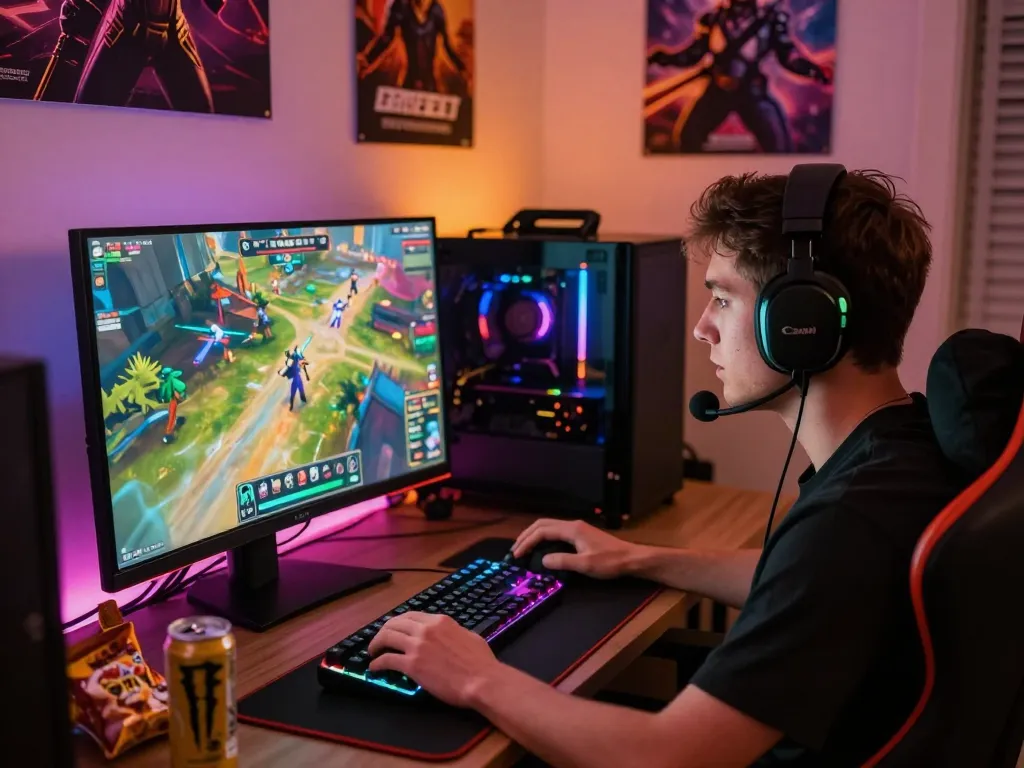 Engaging online gaming scene featuring bomwin gameplay setup with vibrant visuals and snacks