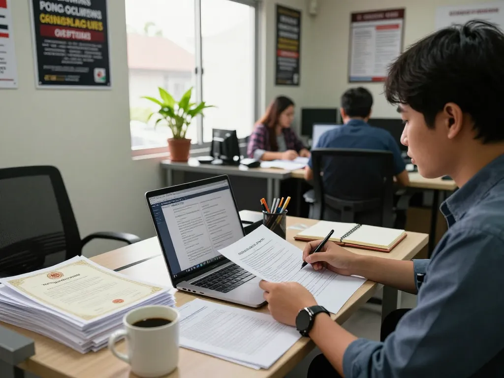 Translation Services in Chiang Mai office scene with a document translator at work, showcasing professionalism.