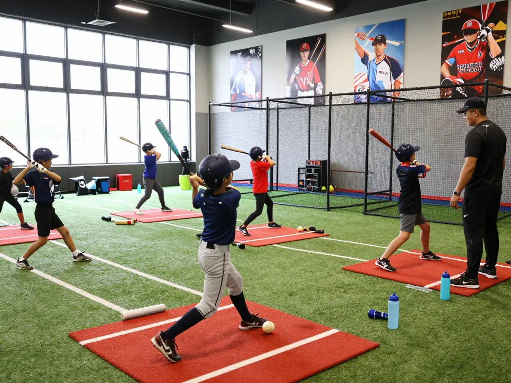 Hitclub baseball training session at a dynamic indoor facility with young athletes practicing.