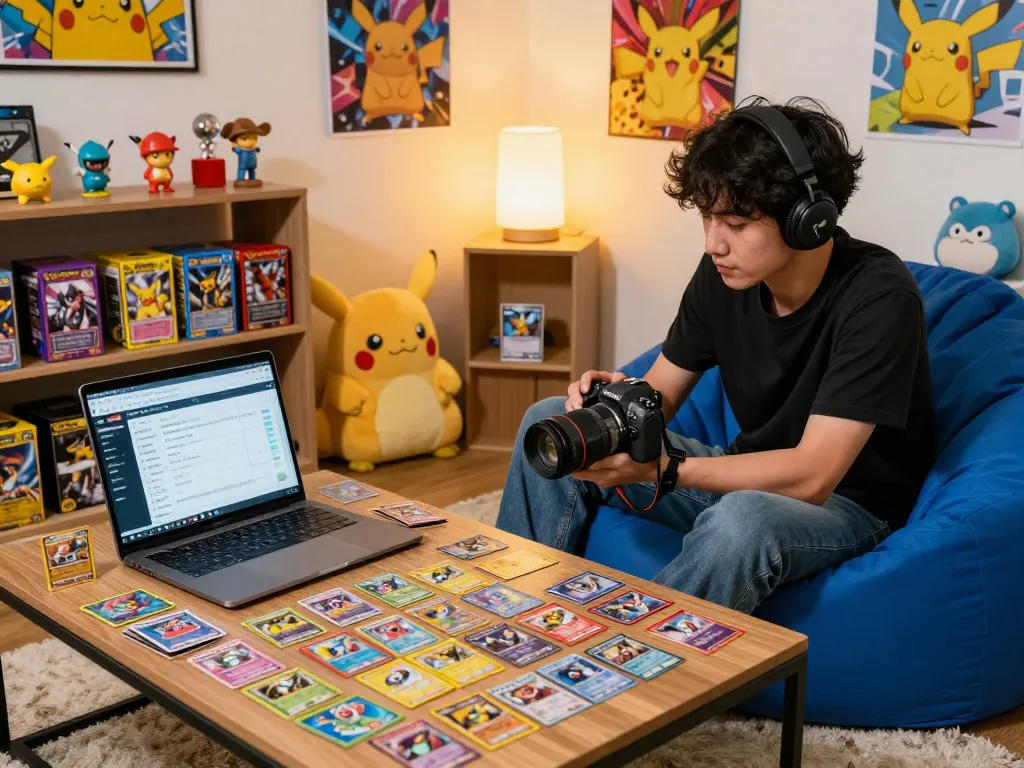 Explore the vibrant Pokemon card db in a cozy gaming nook with colorful cards and interactive interface.