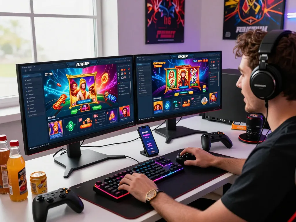Engaged player exploring RIK VIP's vibrant gaming options on dual monitors in a dynamic setup.