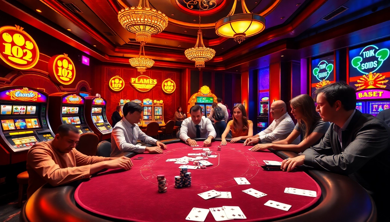 B52pm.com offers a thrilling gaming experience with poker players and vibrant slot machines.