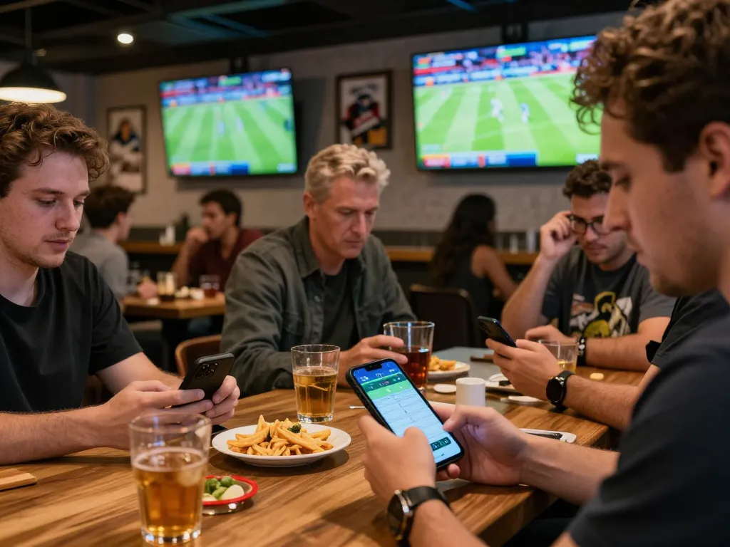 FC88 sports betting excitement with patrons engaging on mobile apps at a lively bar