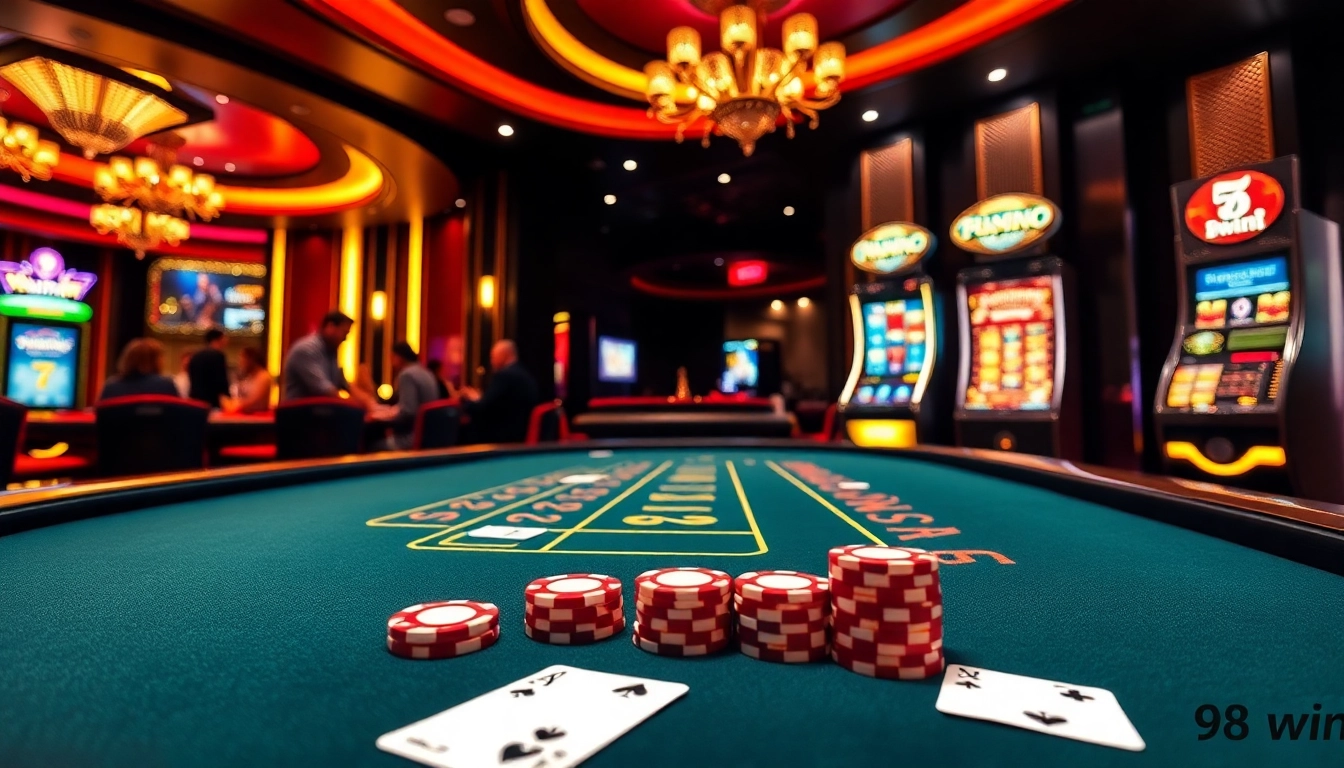 Engaged players enjoying a blackjack game at 98win's luxurious casino table.