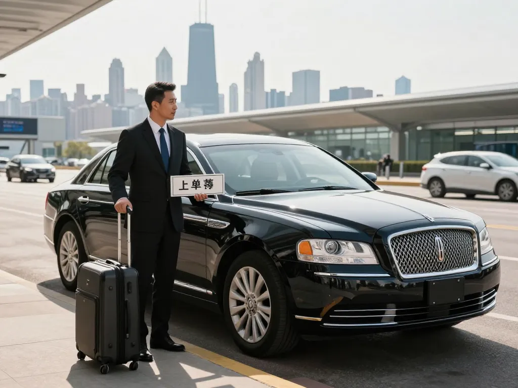 Chauffeur service to O’Hare with professional driver welcoming passenger at airport terminal.