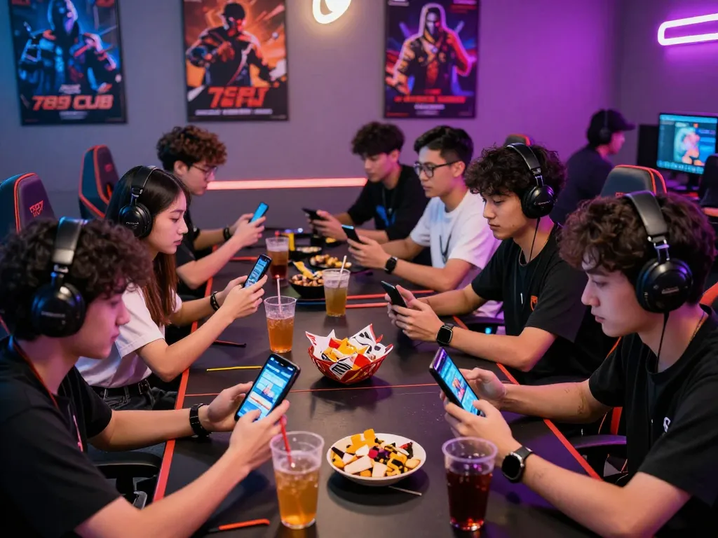 Engaging group of friends enjoying a lively game night with 789 club app, surrounded by neon lights and gaming decor.