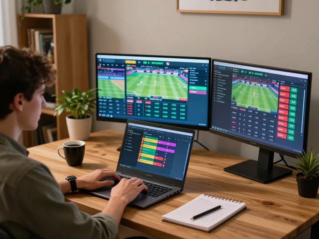 Pengaturan taruhan olahraga SBOBET dengan laptop menampilkan pertandingan langsung dan catatan strategis di dekatnya