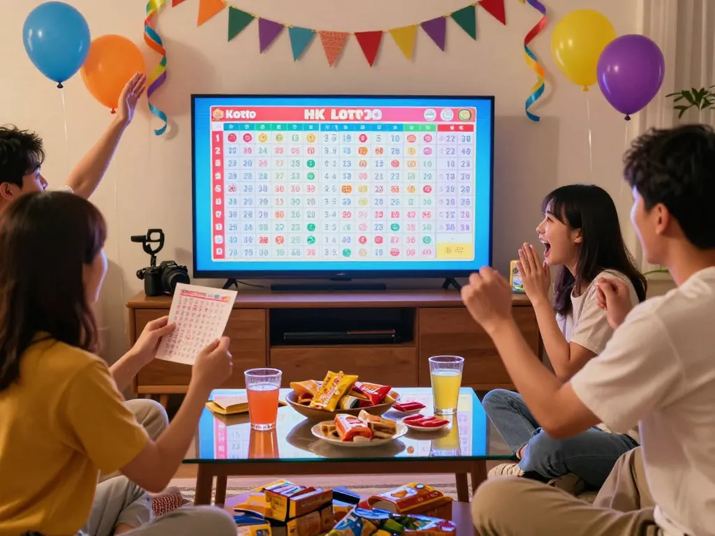 Sahabat-sahabat dengan antusias menonton undian langsung HK Lotto dengan tiket lotere dan makanan ringan, suasana ruang tamu yang meriah.