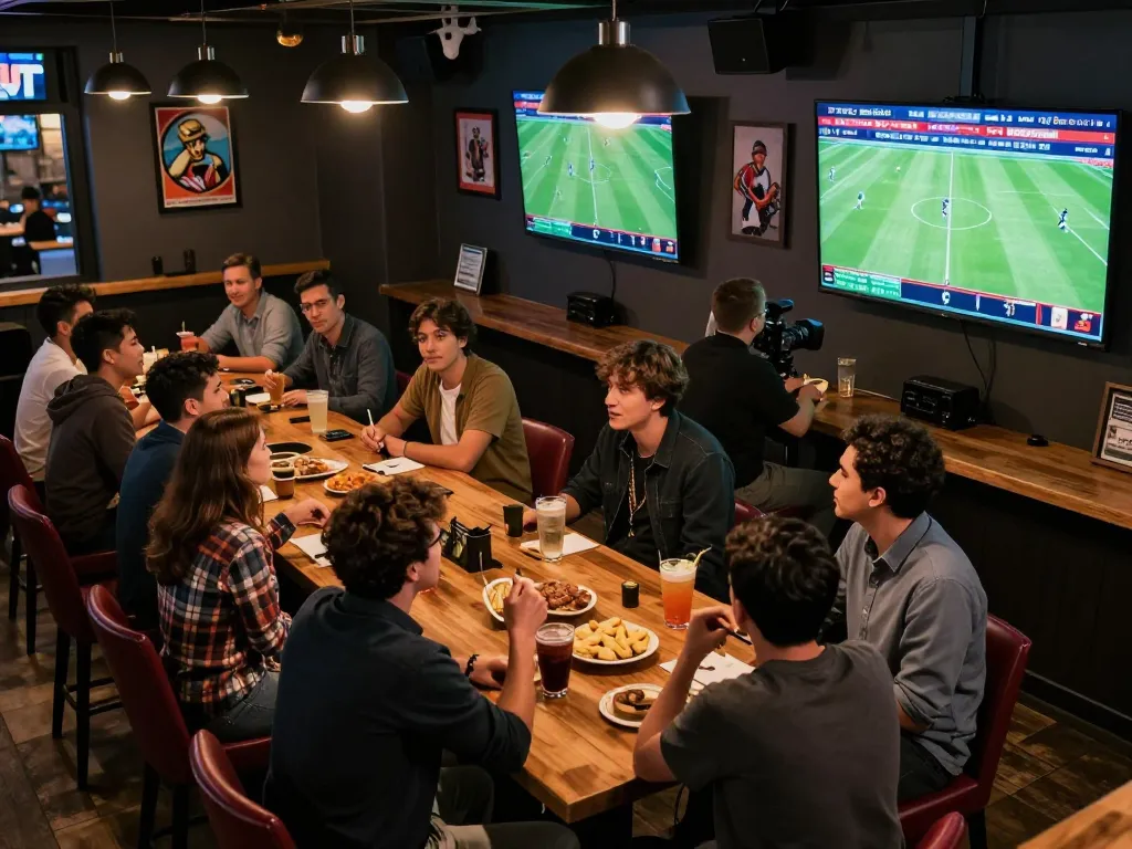 Socolive sports betting scene showing enthusiastic fans placing bets on live matches with drinks and discussions.